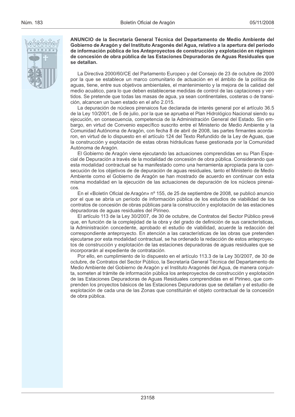 Núm. 183 Boletín Oficial De Aragón 05/11/2008 23158 ANUNCIO De La
