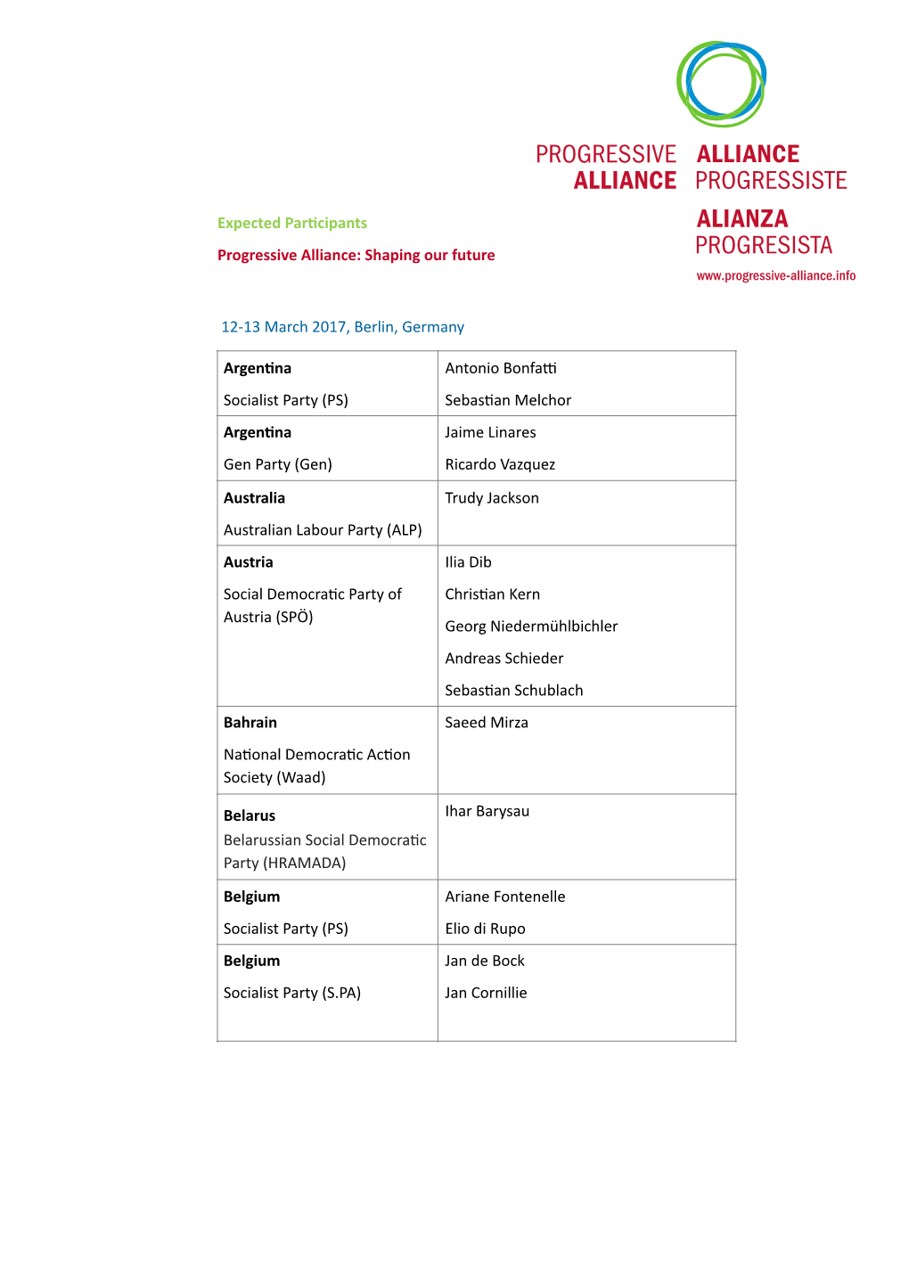 Expected Par0cipants Progressive Alliance: Shaping Our Future 12-13