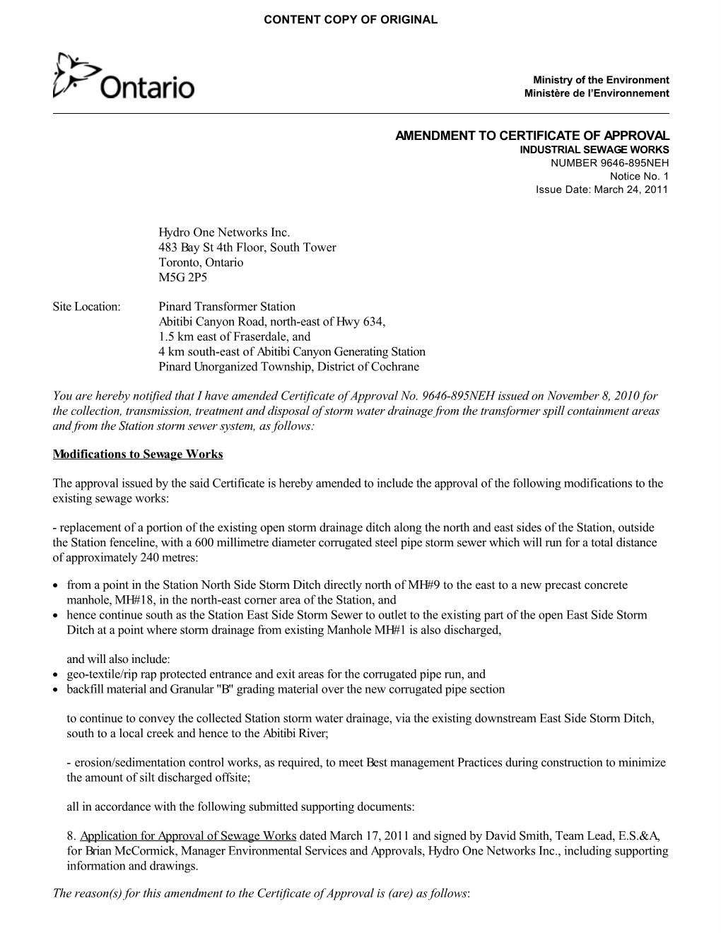 AMENDMENT to CERTIFICATE of APPROVAL Hydro One Networks