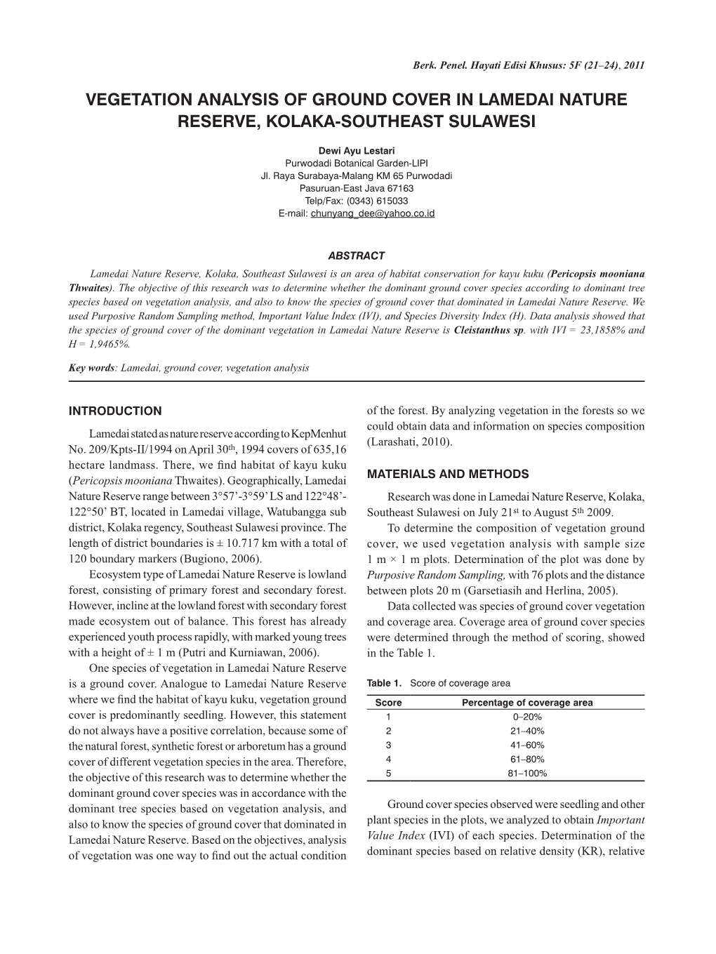 Vegetation Analysis of Ground Cover in Lamedai Nature Reserve, Kolaka-Southeast Sulawesi