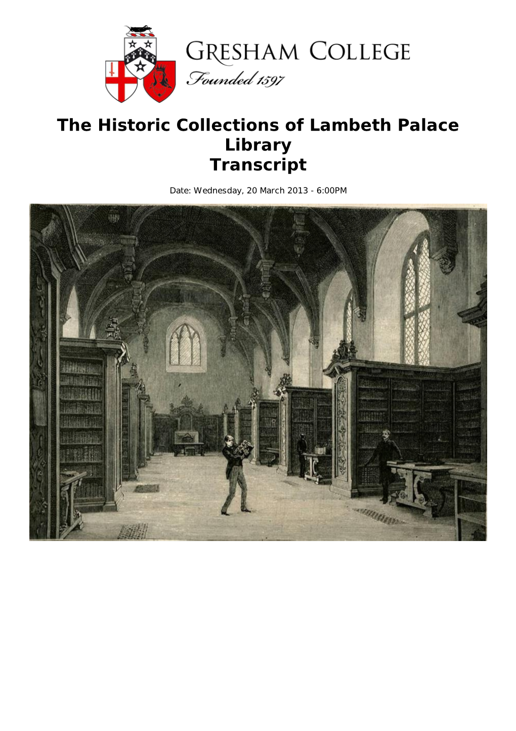 The Historic Collections of Lambeth Palace Library Transcript