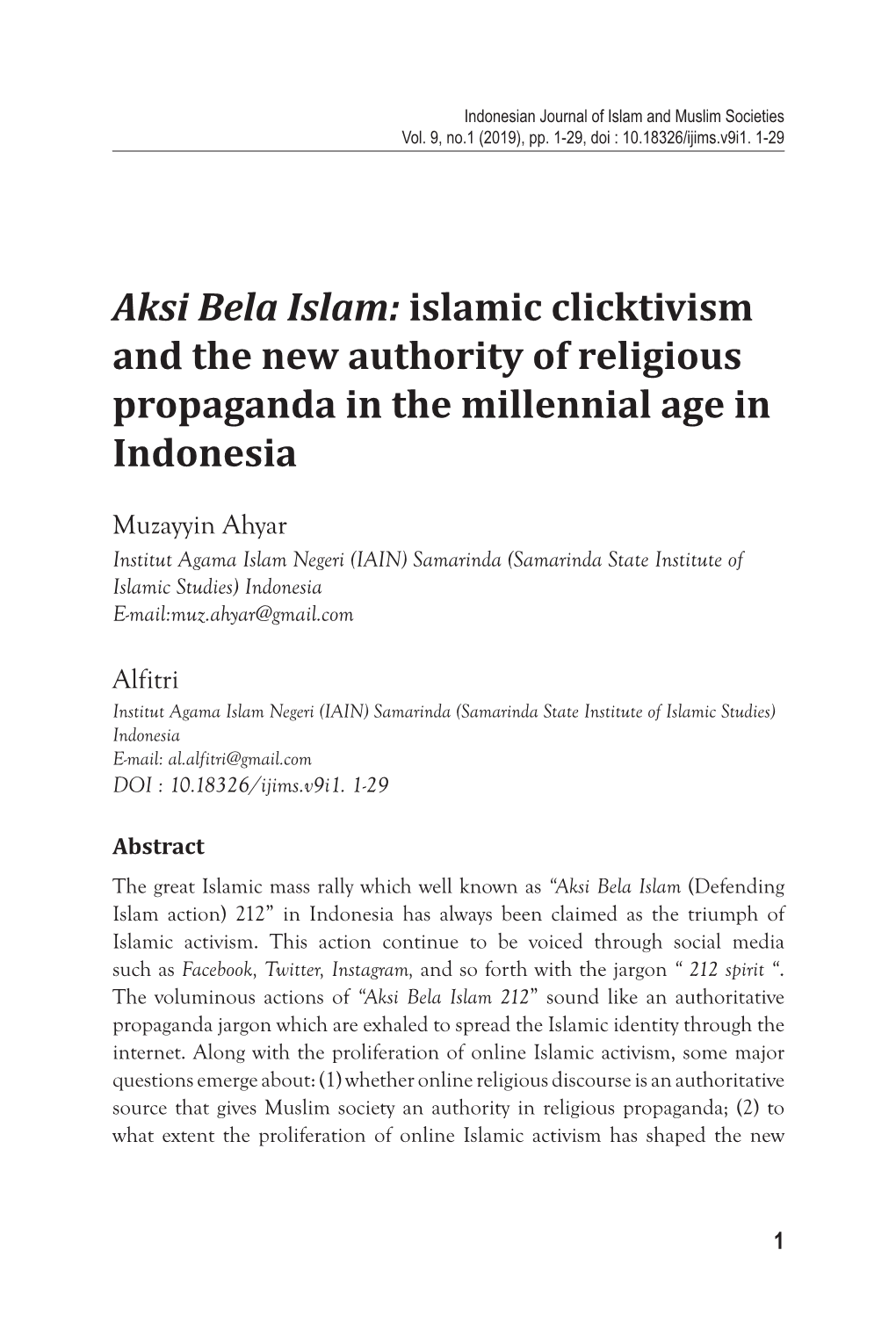 Aksi Bela Islam: Islamic Clicktivism and the New Authority of Religious Propaganda in the Millennial Age in Indonesia