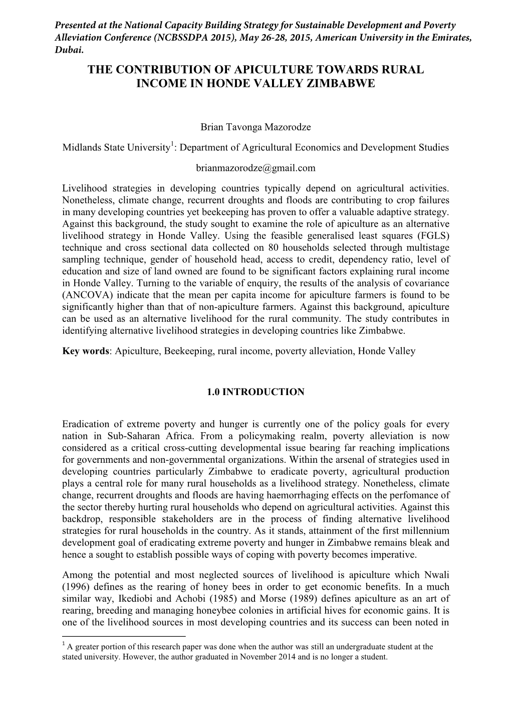 The Contribution of Apiculture Towards Rural Income in Honde Valley Zimbabwe