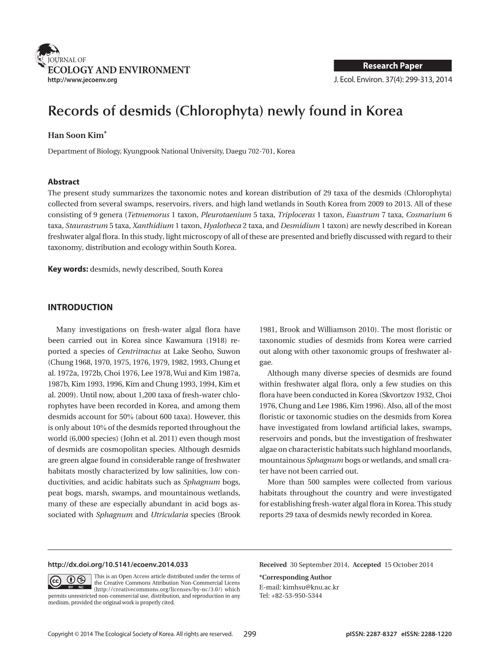 Records of Desmids (Chlorophyta) Newly Found in Korea