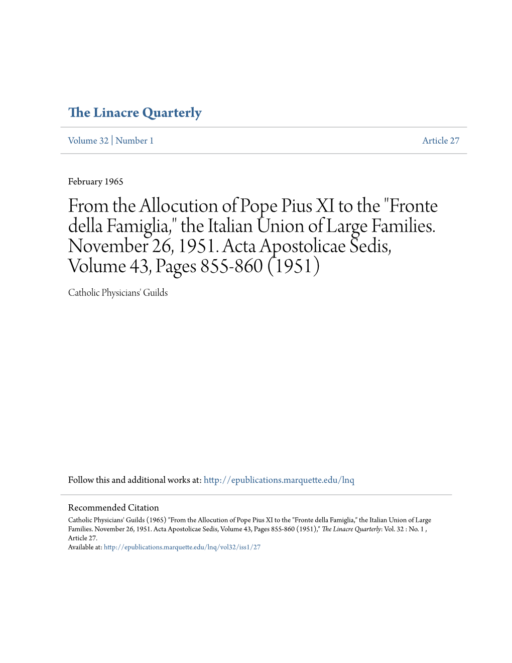 From the Allocution of Pope Pius XI to the 