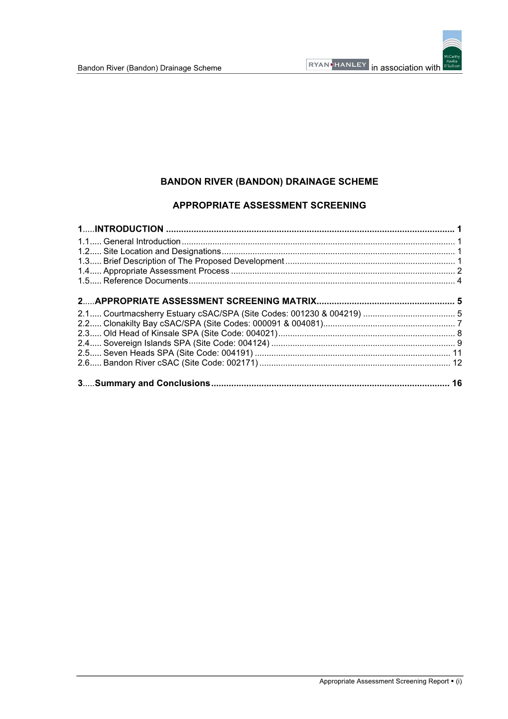 (Bandon) Drainage Scheme Appropriate Assessment Screening