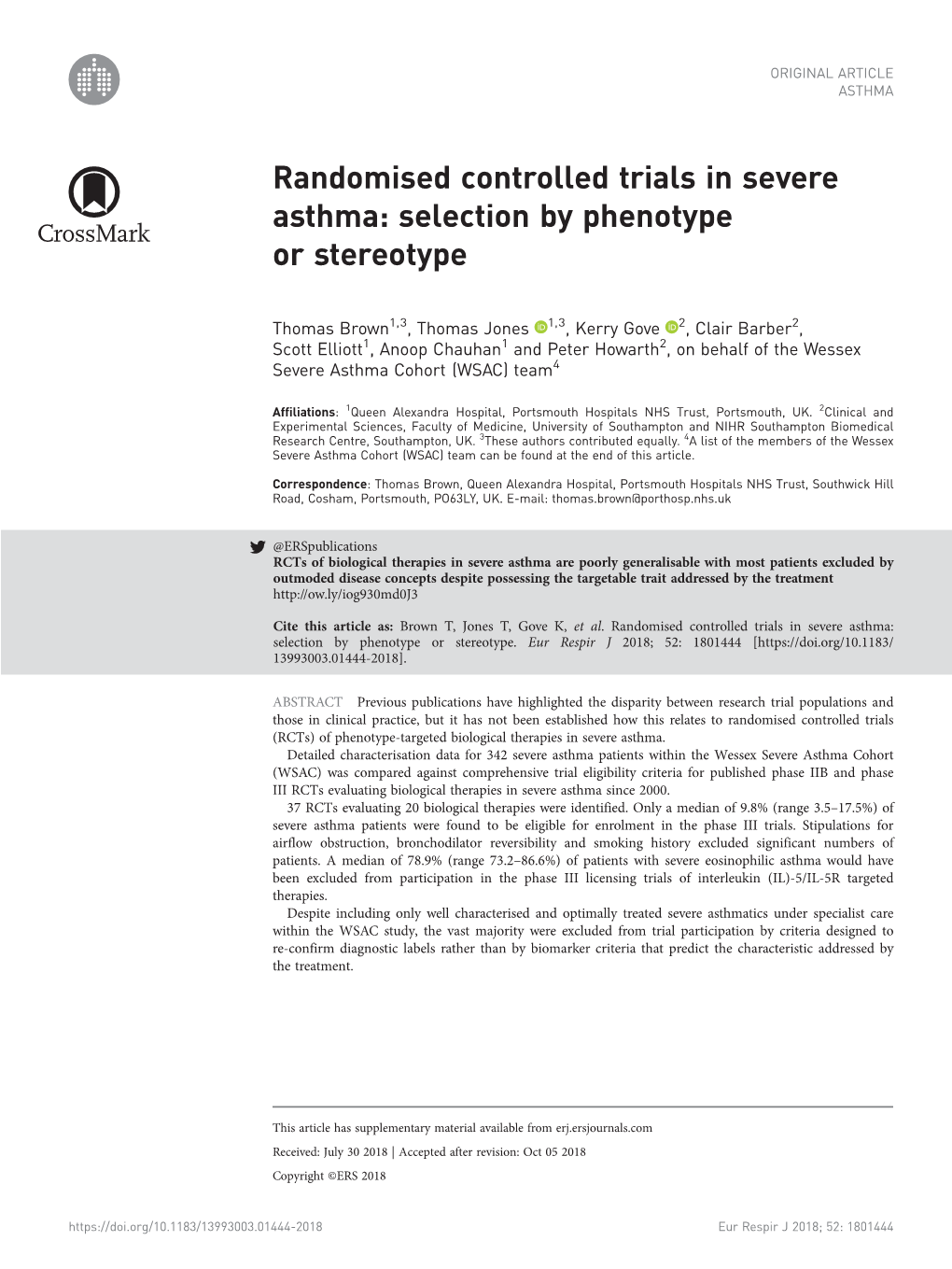 Randomised Controlled Trials in Severe Asthma: Selection by Phenotype Or Stereotype