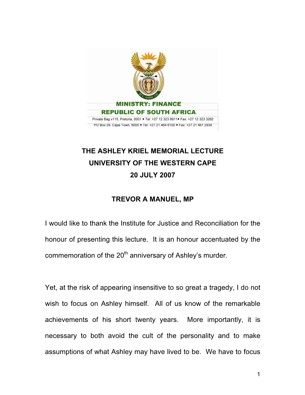 The Ashley Kriel Memorial Lecture, University of The