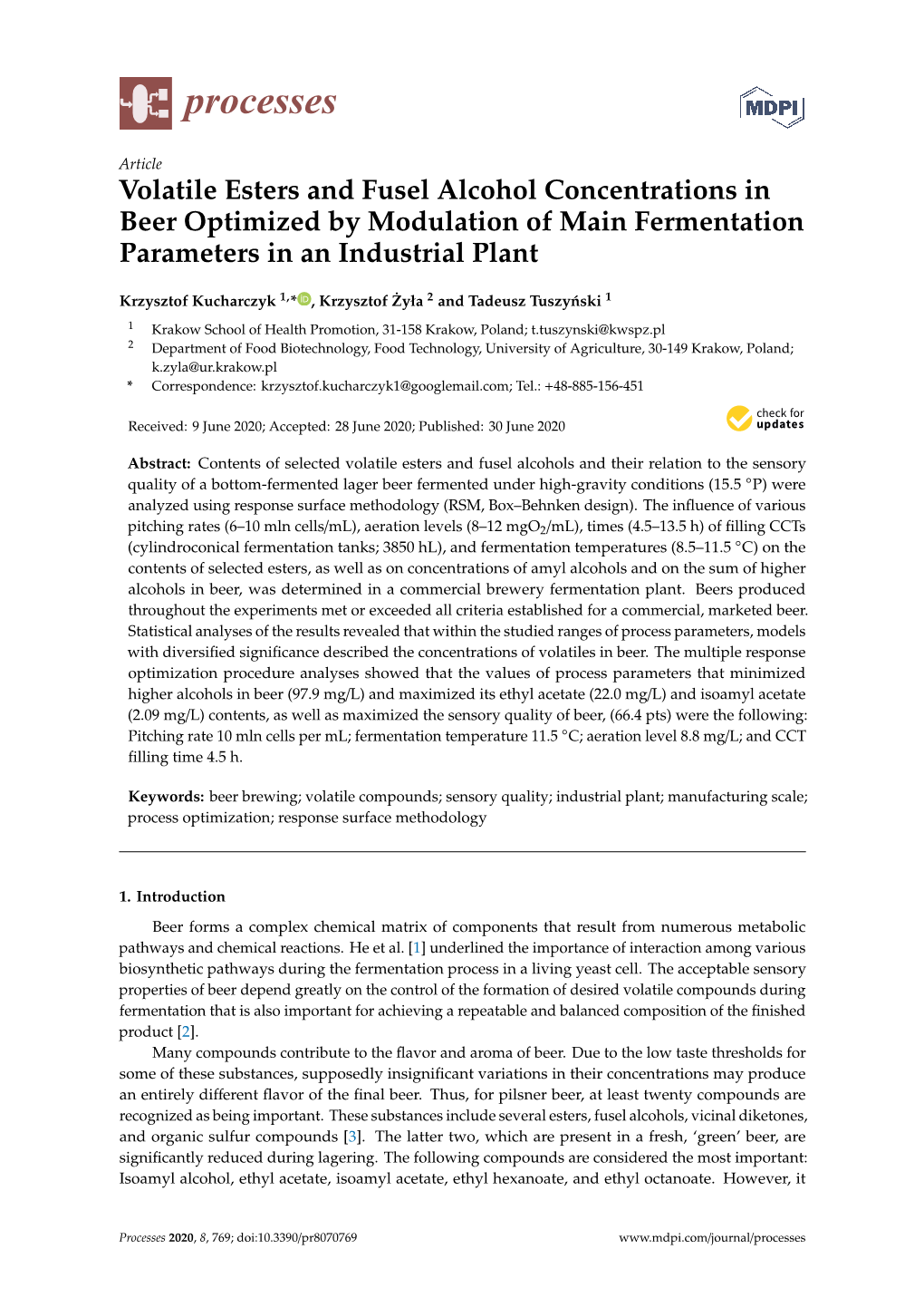 Volatile Esters and Fusel Alcohol Concentrations in Beer Optimized by Modulation of Main Fermentation Parameters in an Industrial Plant