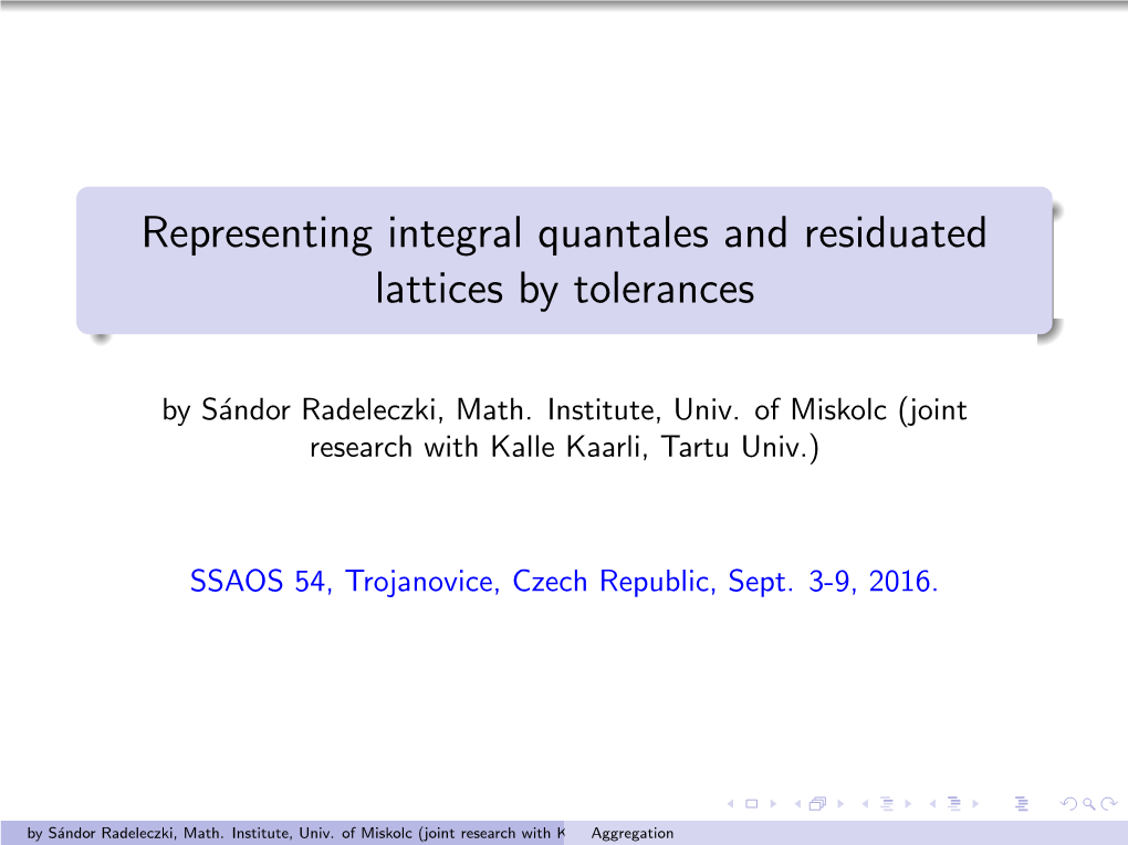 Representing Integral Quantales and Residuated Lattices by Tolerances