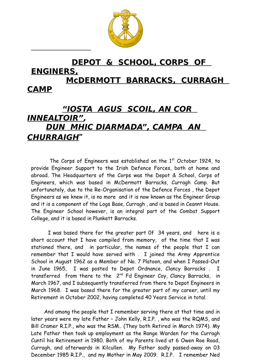 DEPOT & SCHOOL, CORPS of ENGINERS, Mcdermott