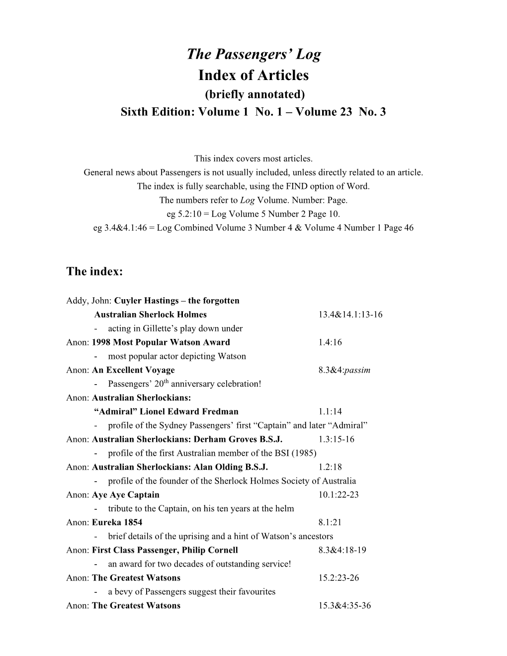 The Passengers' Log Index of Articles