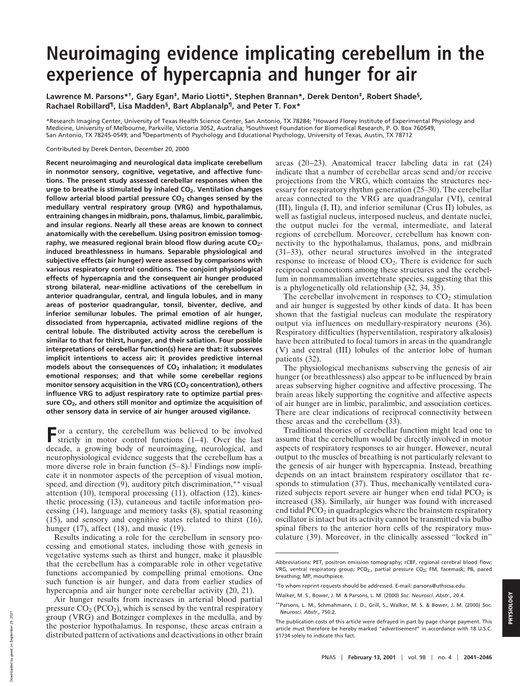 Neuroimaging Evidence Implicating Cerebellum in the Experience of Hypercapnia and Hunger for Air