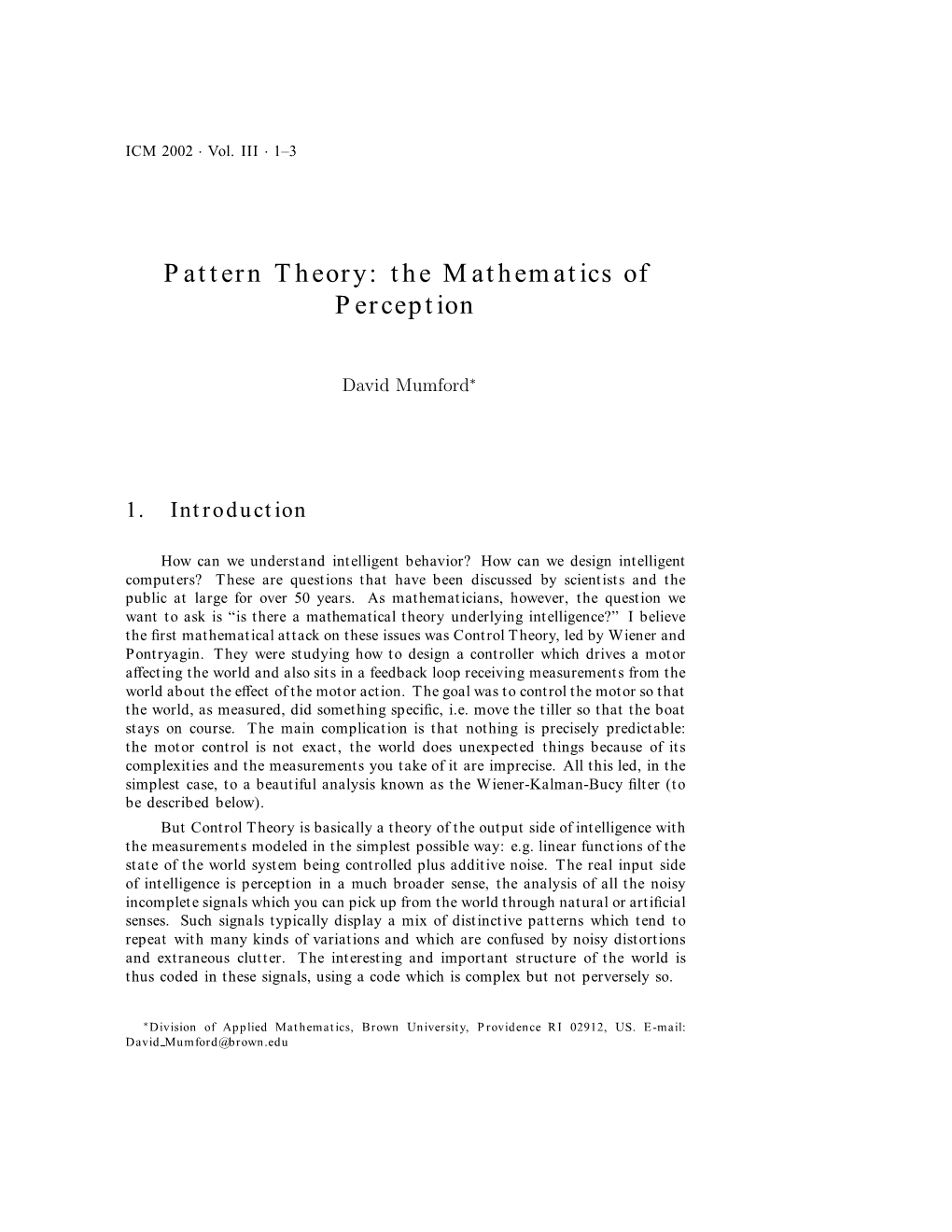 Pattern Theory: the Mathematics of Perception