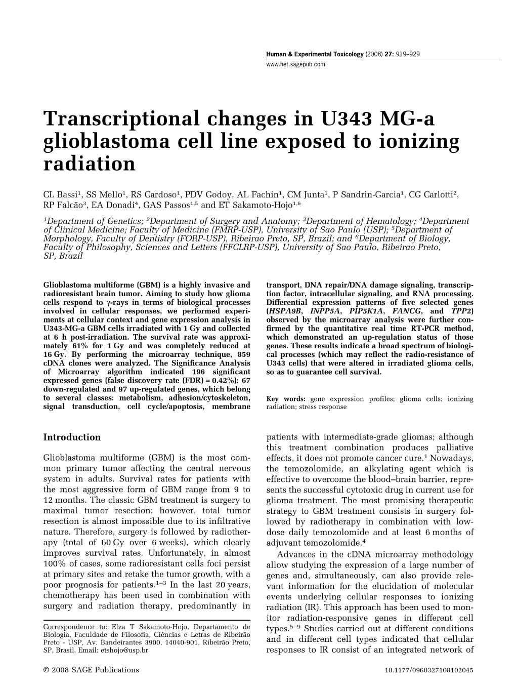 Transcriptional Changes in U343 MG-A Glioblastoma Cell Line Exposed to Ionizing Radiation