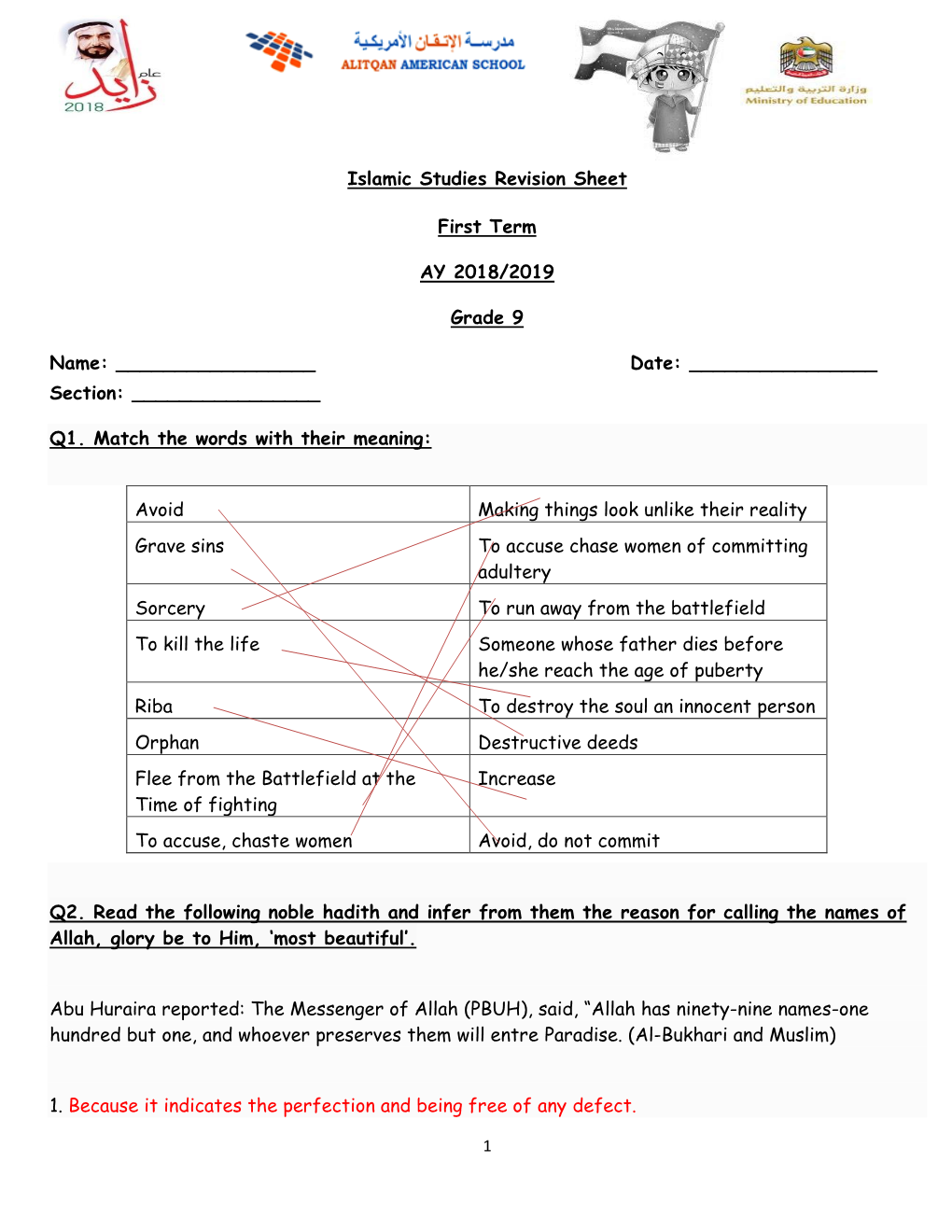 Islamic Studies Revision Sheet First Term AY 2018/2019 Grade 9 Name