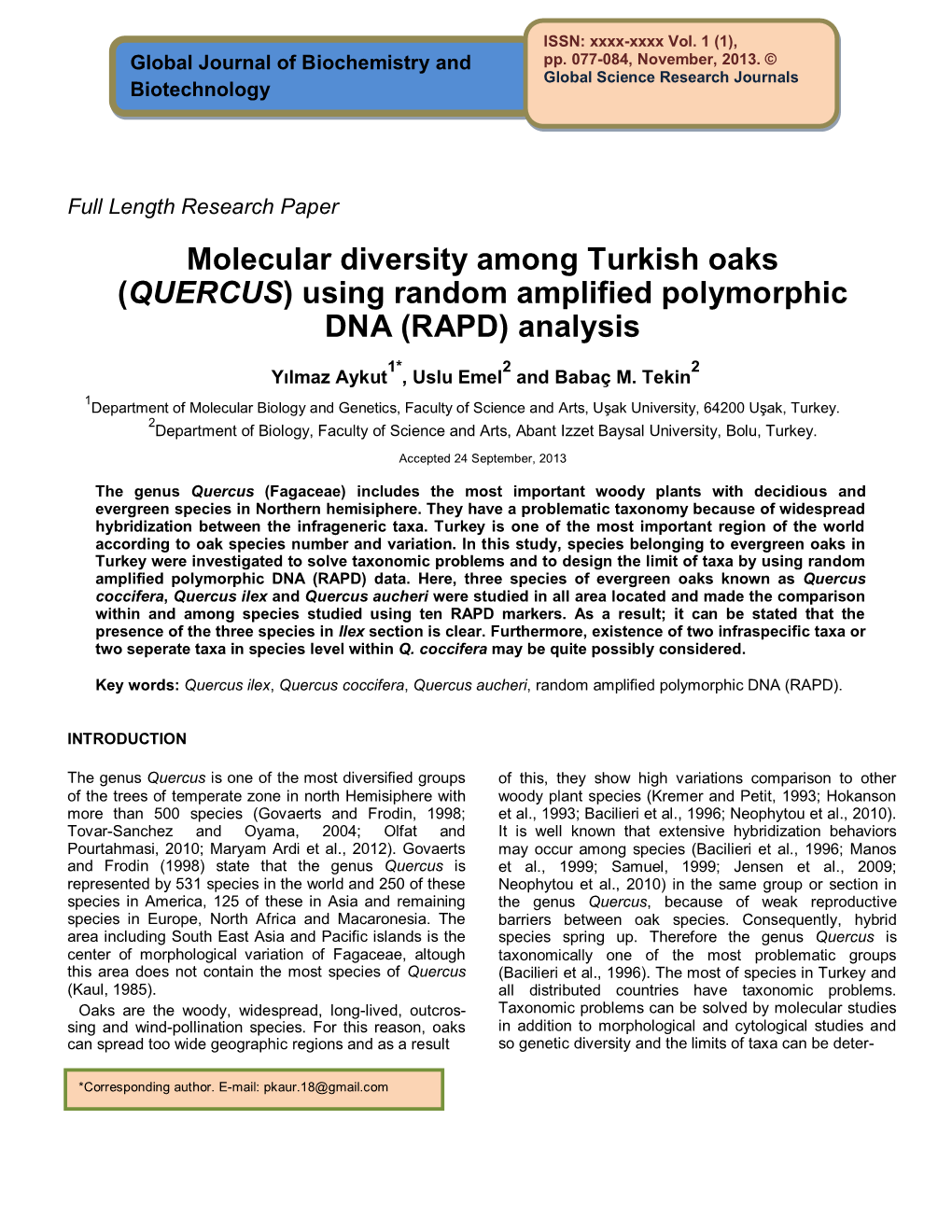 (QUERCUS) Using Random Amplified Polymorphic DNA (RAPD) Analysis