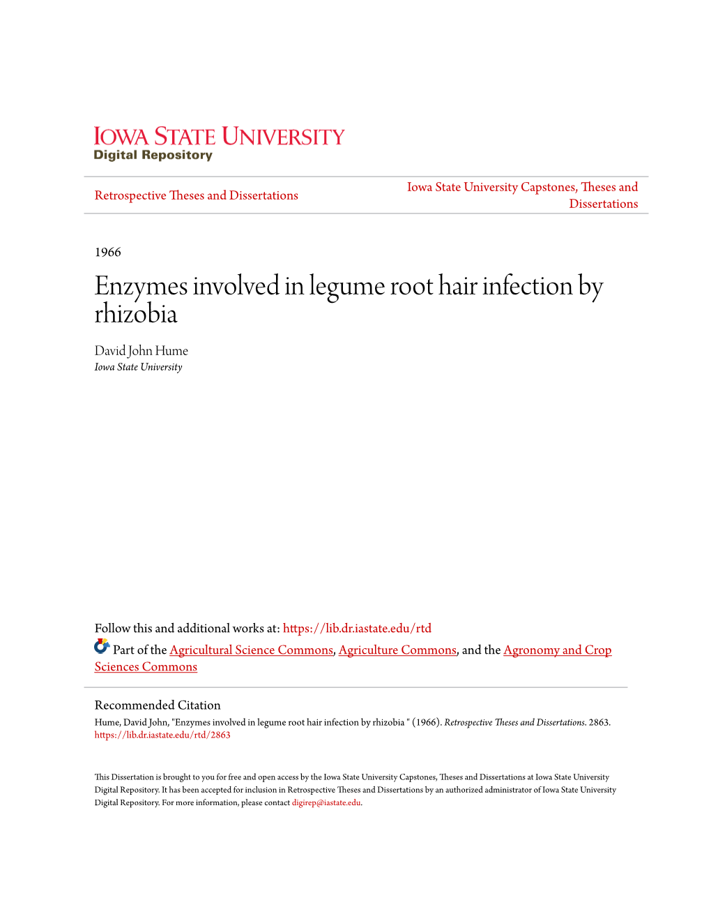 Enzymes Involved in Legume Root Hair Infection by Rhizobia David John Hume Iowa State University