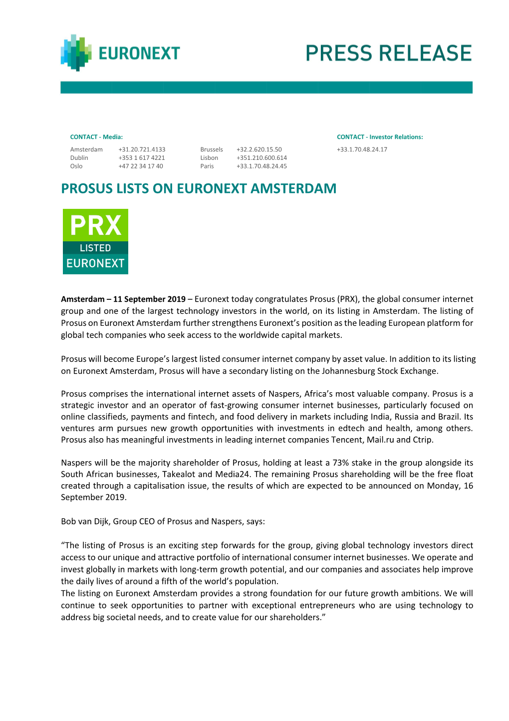 Prosus Lists on Euronext Amsterdam