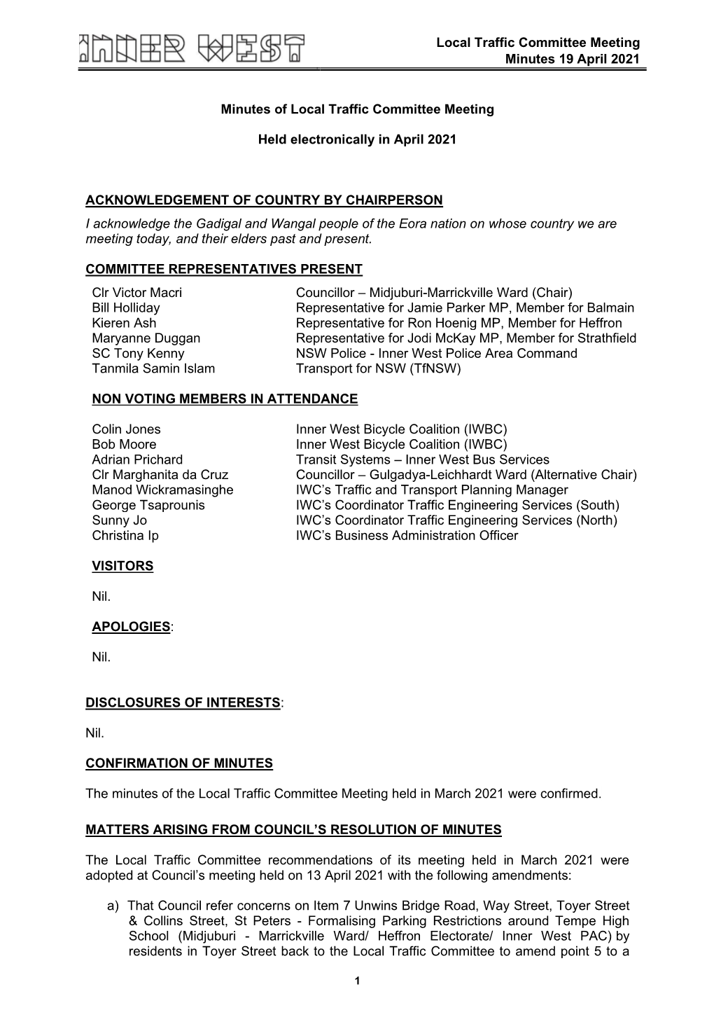 Minutes of Local Traffic Committee Meeting