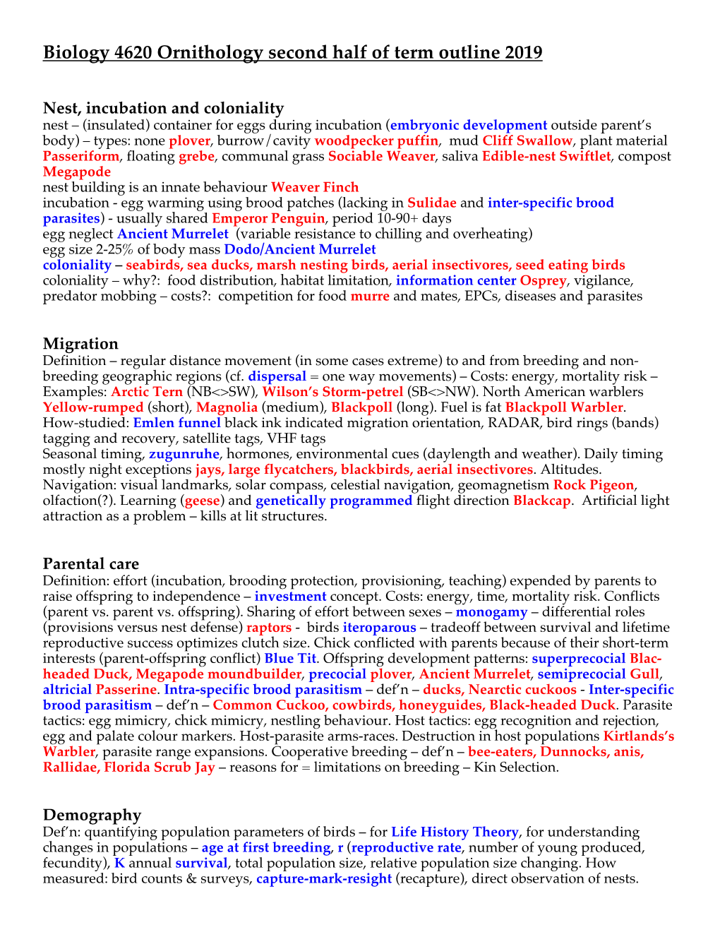 Biology 4620 Ornithology Second Half of Term Outline 2019