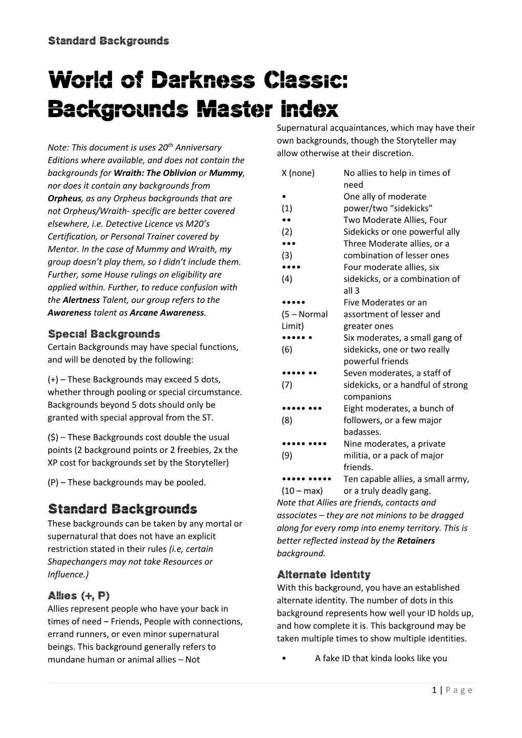 World of Darkness Classic: Backgrounds Master Index