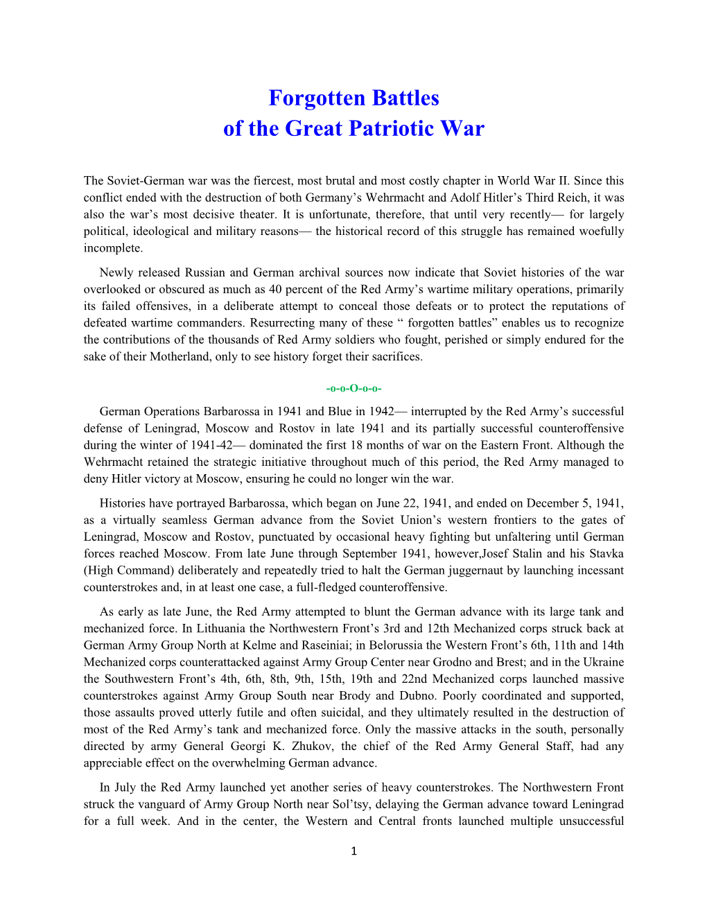 Forgotten Battles of the Great Patriotic War