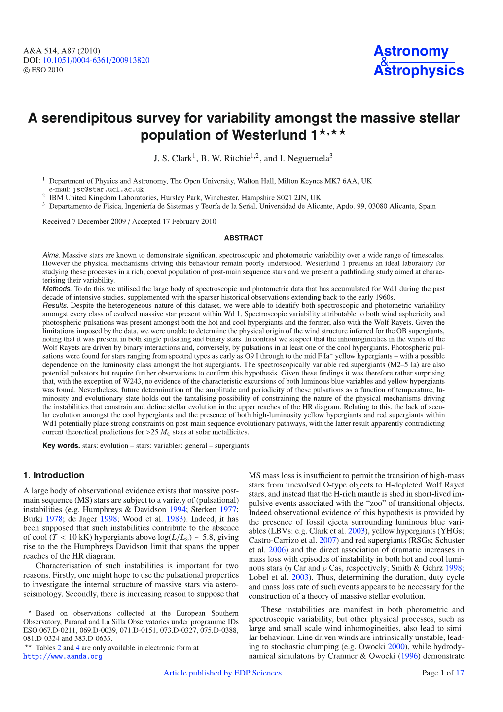 A Serendipitous Survey for Variability Amongst the Massive Stellar Population of Westerlund 1�,