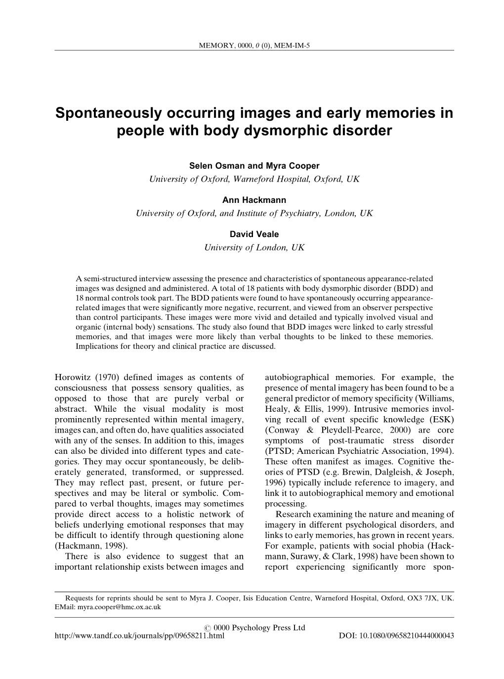 Spontaneously Occurring Images and Early Memories in People with Body Dysmorphic Disorder