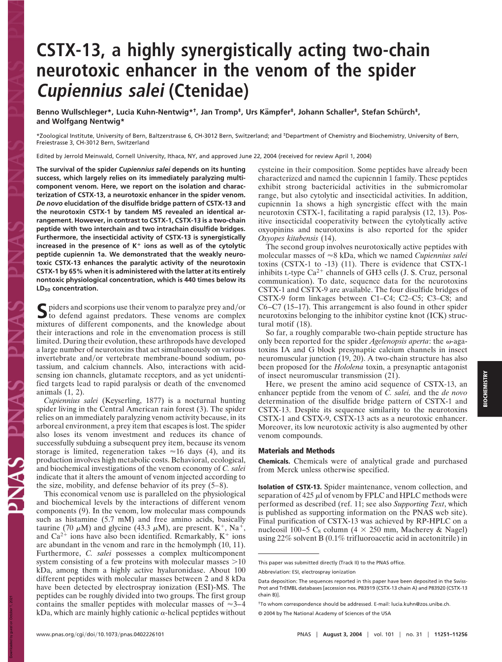 CSTX-13, a Highly Synergistically Acting Two-Chain Neurotoxic Enhancer in the Venom of the Spider Cupiennius Salei (Ctenidae)