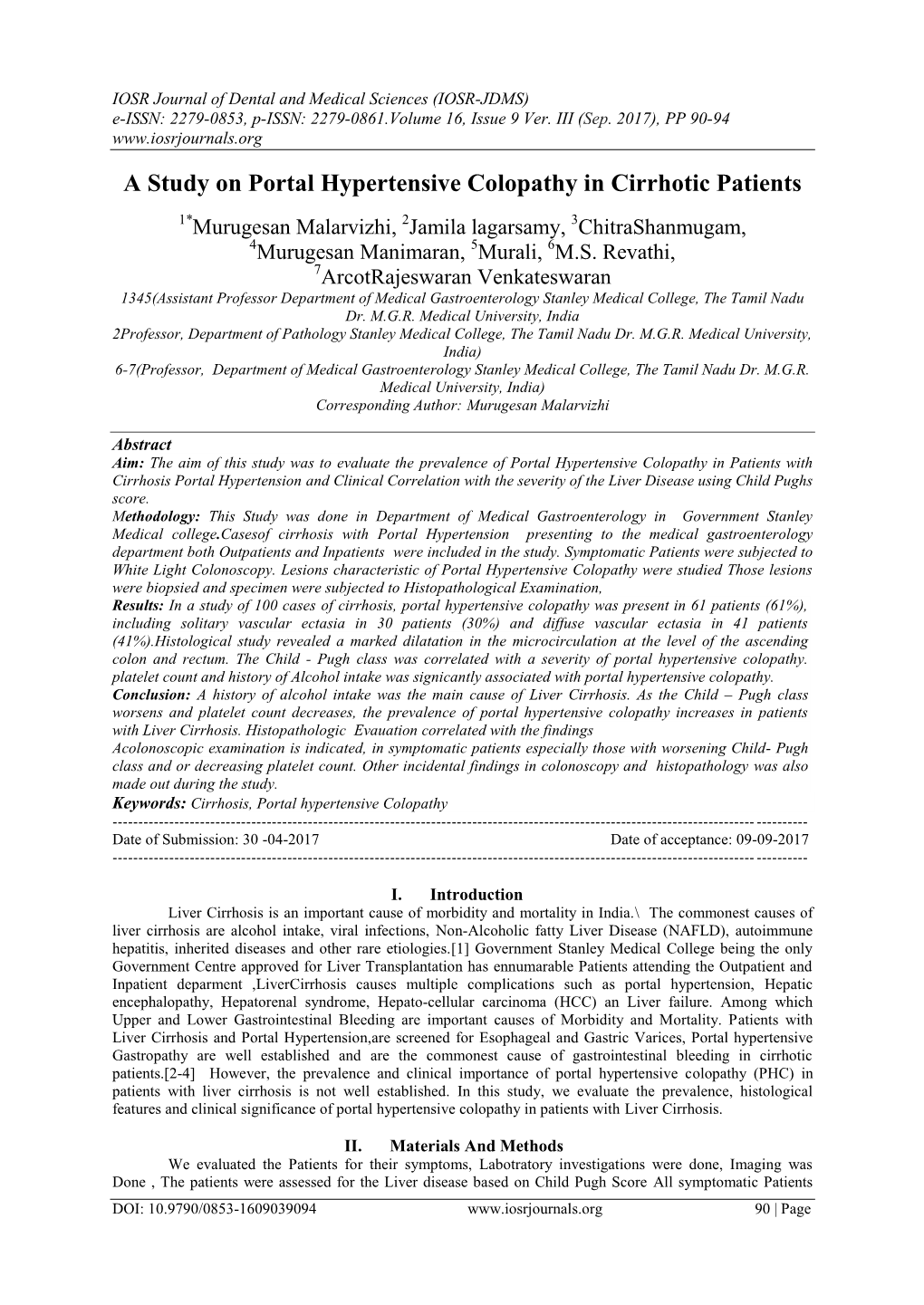 A Study on Portal Hypertensive Colopathy in Cirrhotic Patients