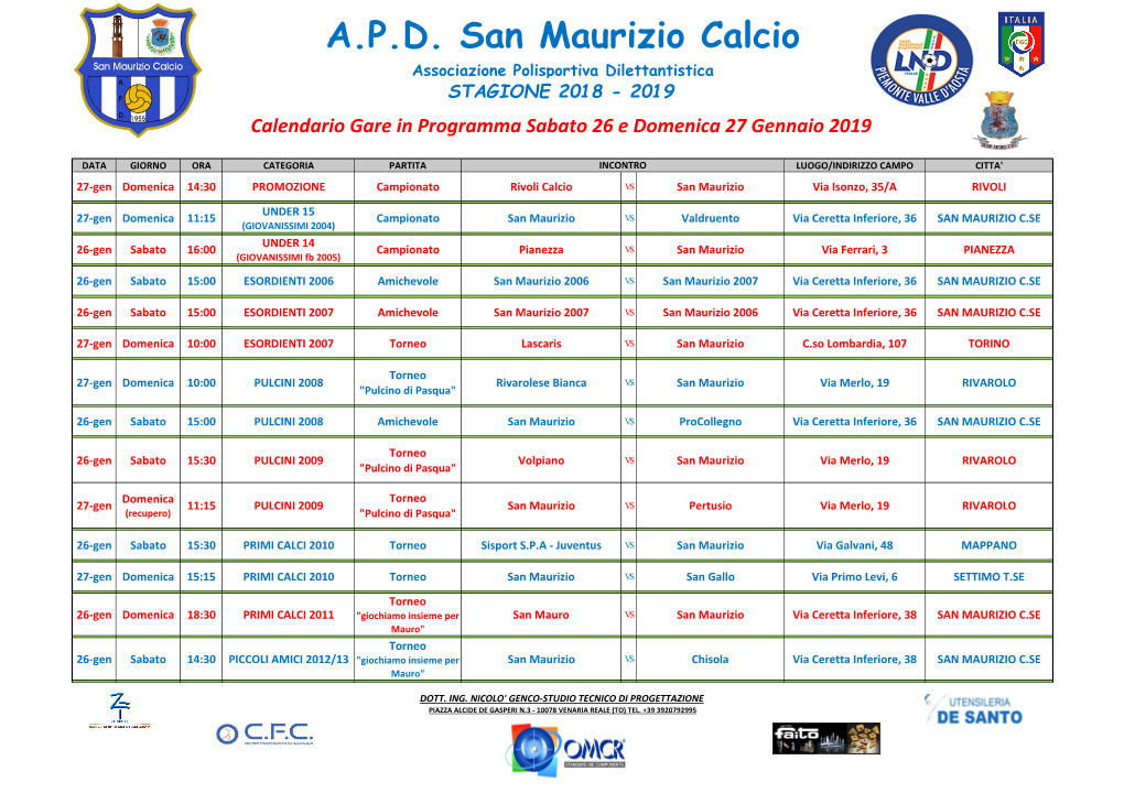 APD San Maurizio Calcio Calendario Gare in Programma Sabato 26 E Domenica 27 Gennaio 2019