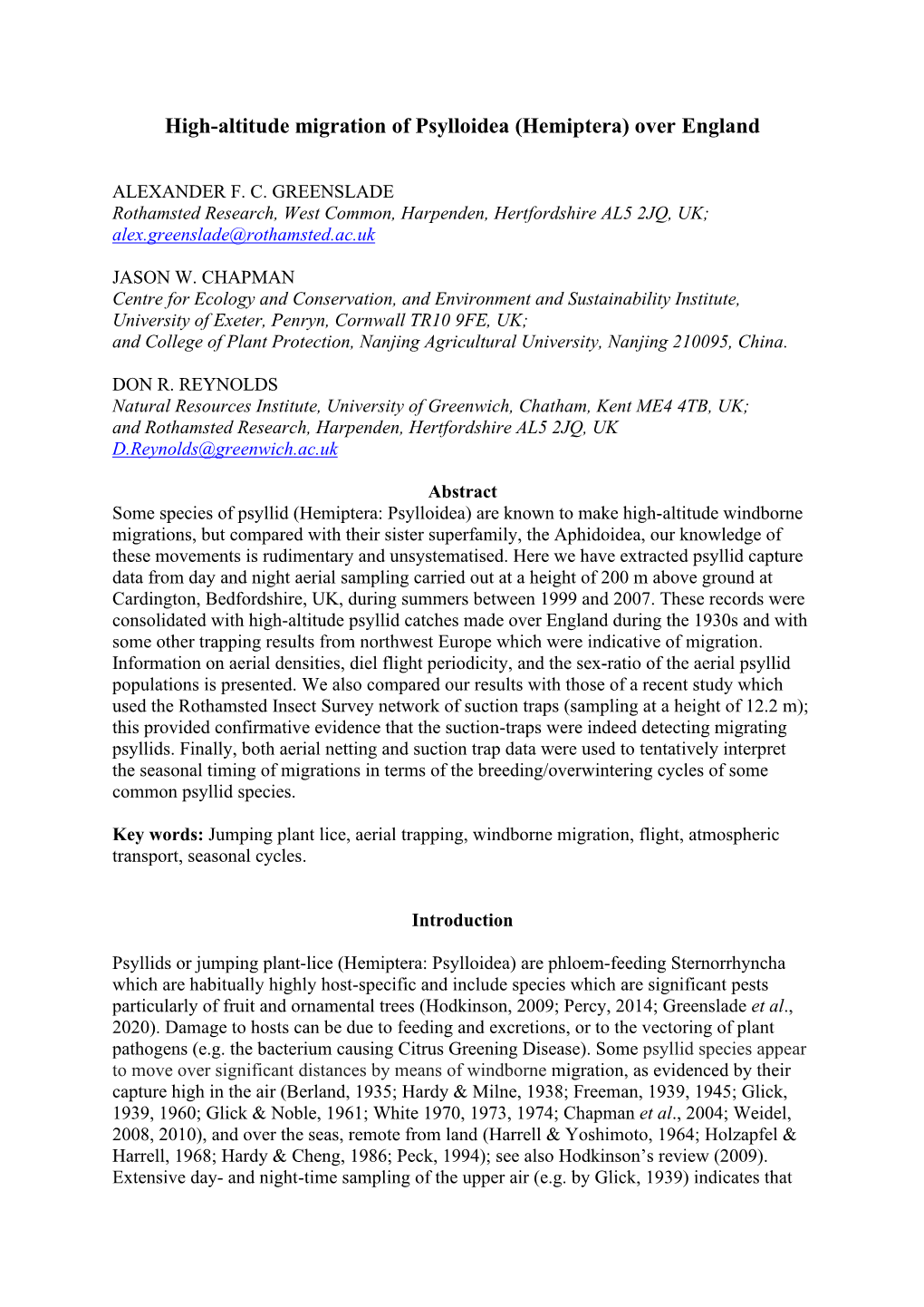 High-Altitude Migration of Psylloidea (Hemiptera) Over England