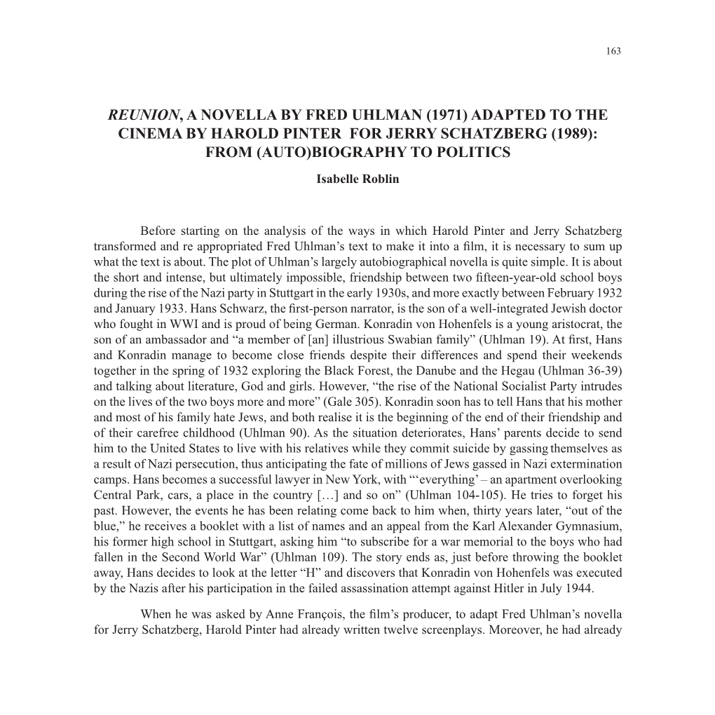 REUNION, a NOVELLA by FRED UHLMAN (1971) ADAPTED to the CINEMA by HAROLD PINTER for JERRY SCHATZBERG (1989): from (AUTO)BIOGRAPHY to POLITICS Isabelle Roblin