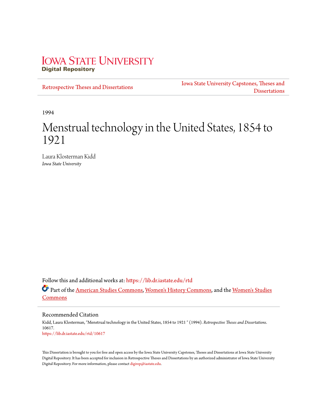 Menstrual Technology in the United States, 1854 to 1921 Laura Klosterman Kidd Iowa State University