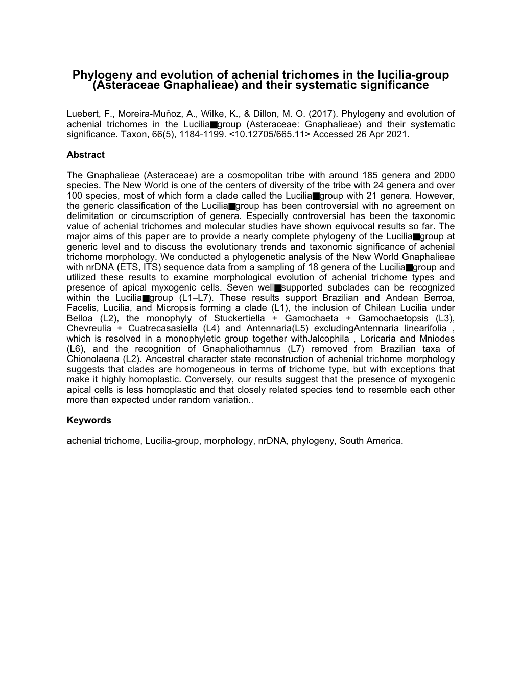 Phylogeny and Evolution of Achenial Trichomes in the Lucilia-Group (Asteraceae Gnaphalieae) and Their Systematic Significance