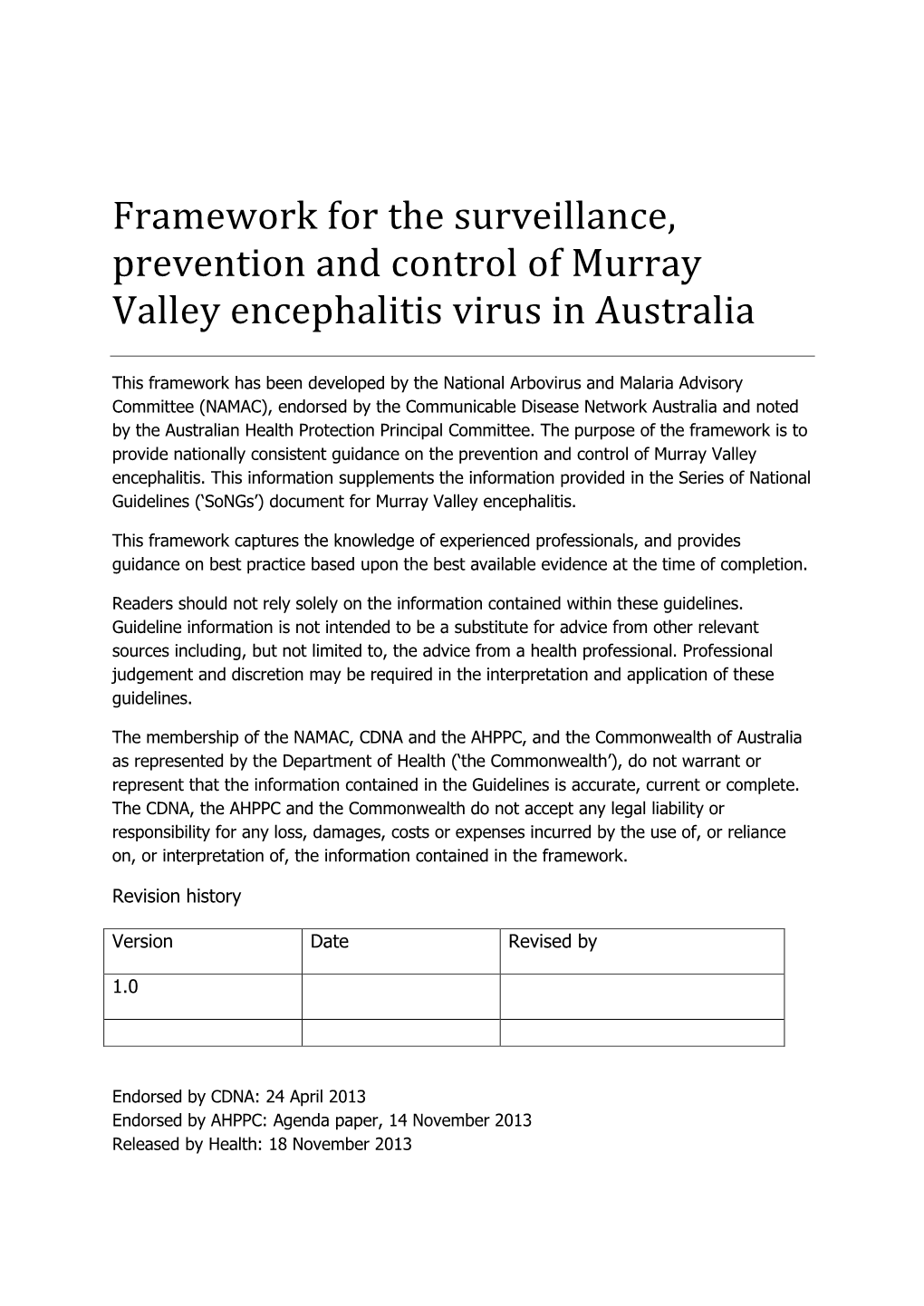 Framework for the Surveillance, Prevention and Control of Murray Valley Encephalitis Virus in Australia