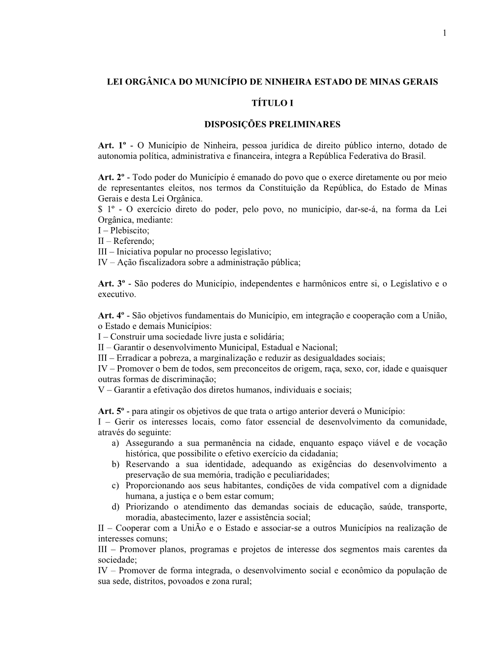 Lei Orgânica Do Município De Ninheira Estado De Minas Gerais