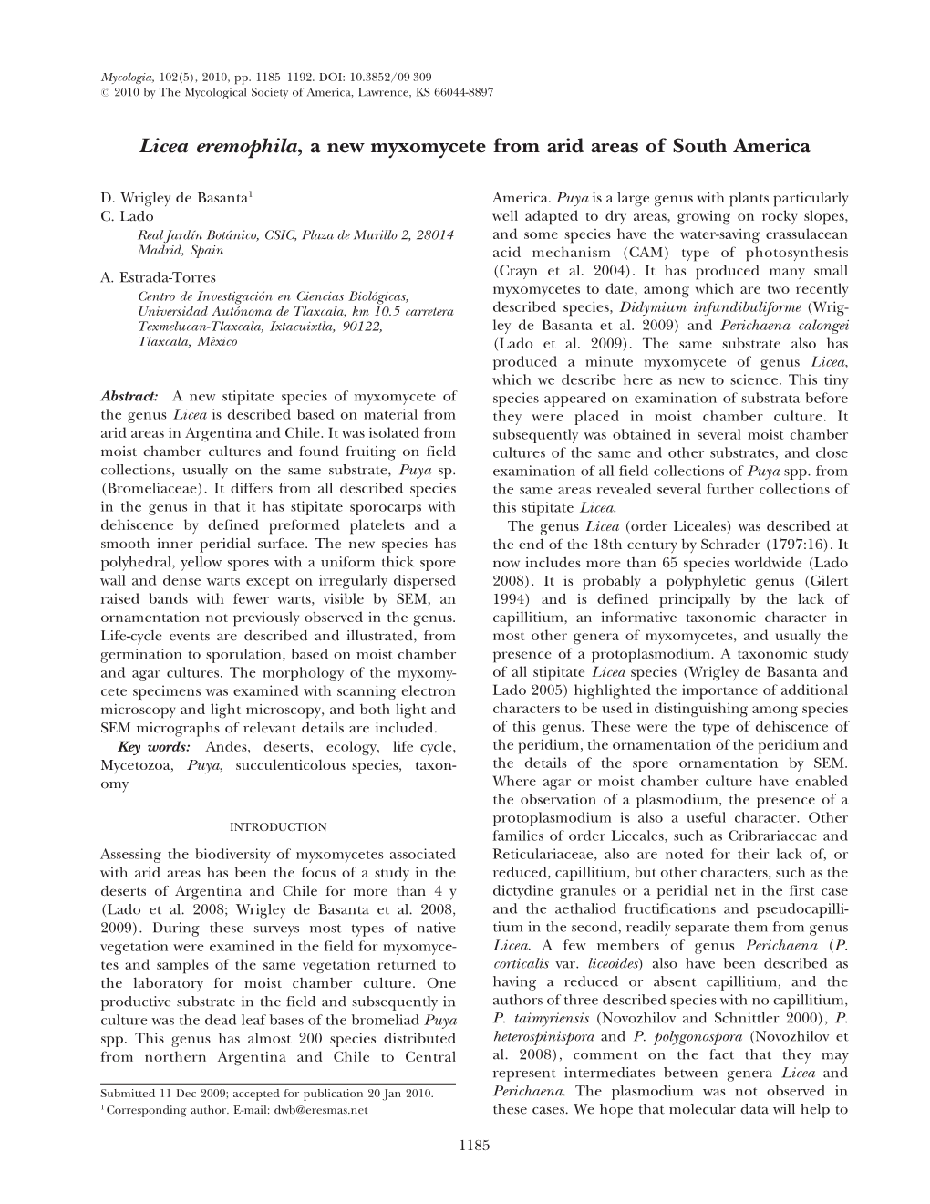 Licea Eremophila, a New Myxomycete from Arid Areas of South America