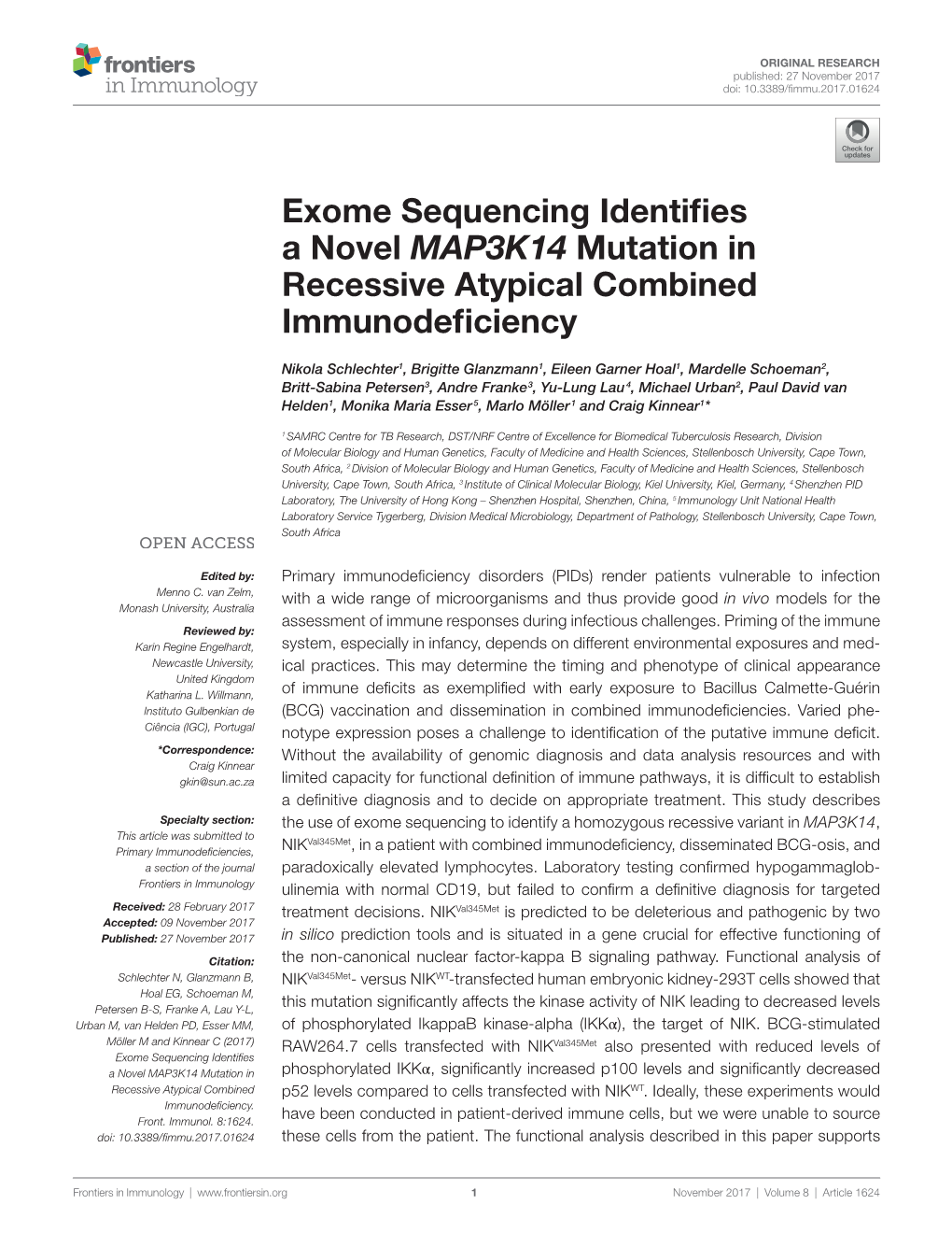 Exome Sequencing Identifies a Novel MAP3K14 Mutation in Recessive Atypical Combined Immunodeficiency