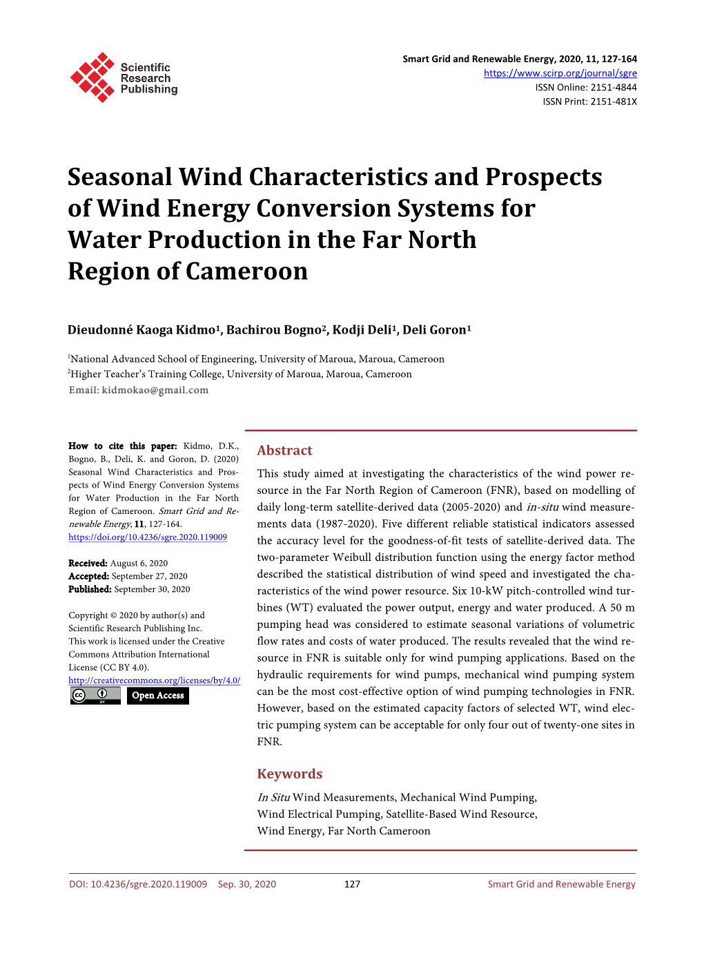 Seasonal Wind Characteristics and Prospects of Wind Energy Conversion Systems for Water Production in the Far North Region of Cameroon