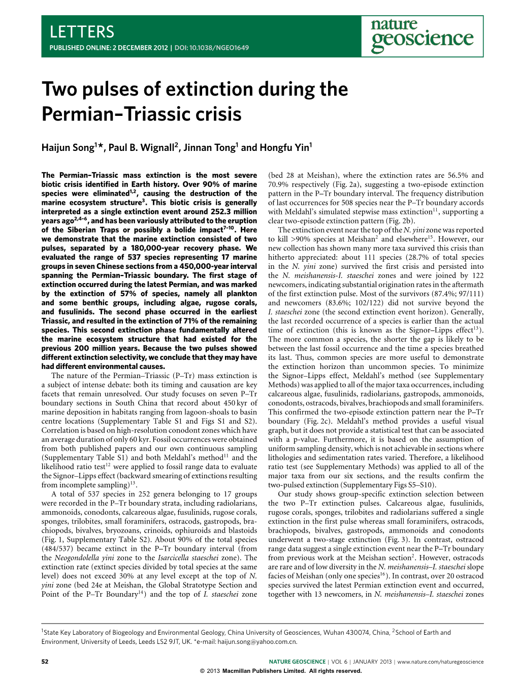 Two Pulses of Extinction During the Permian--Triassic Crisis