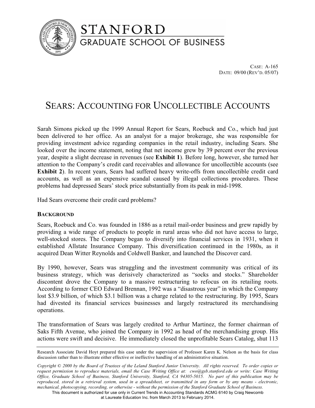 Sears: Accounting for Uncollectible Accounts