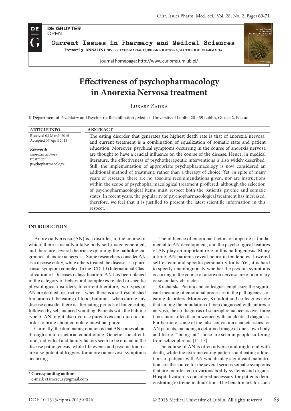 Effectiveness of Psychopharmacology in Anorexia Nervosa Treatment Lukasz Zadka