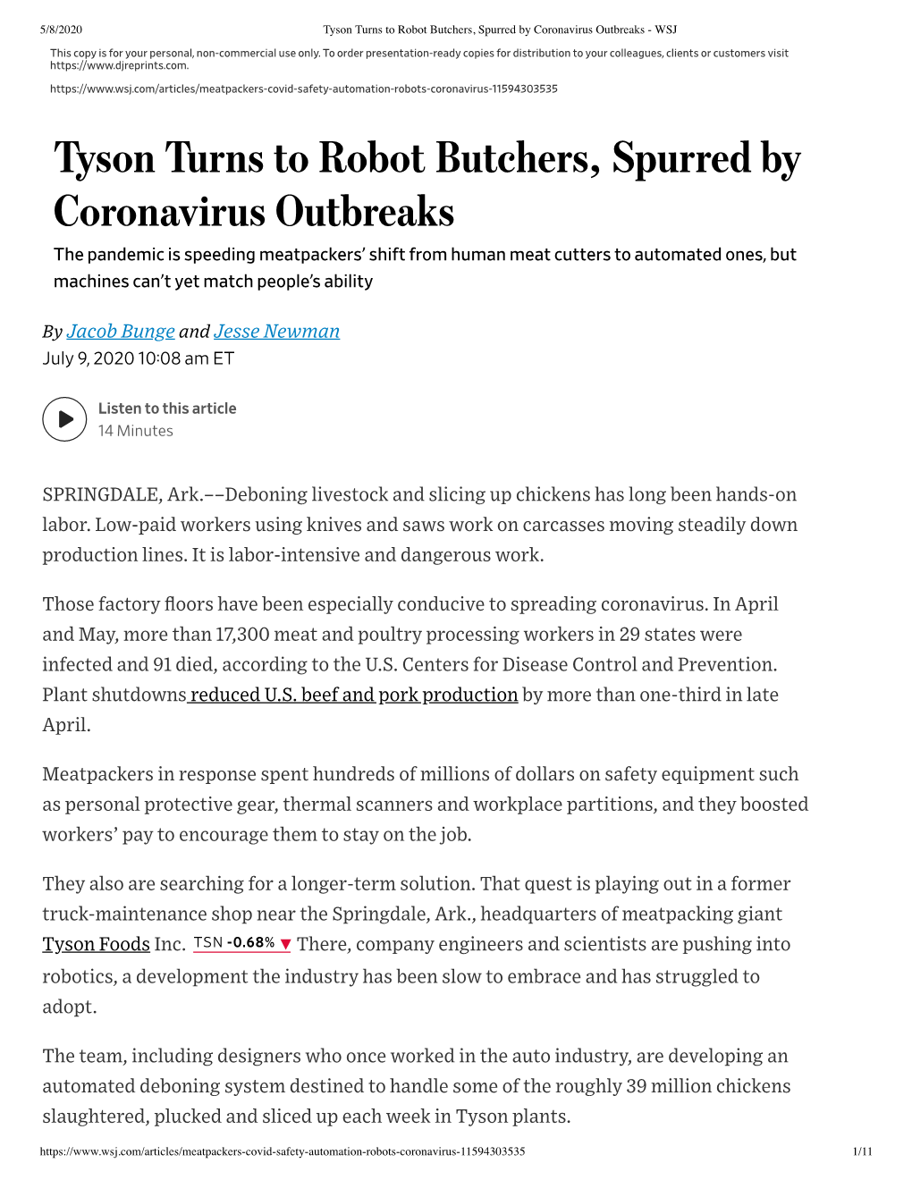 Tyson Turns to Robot Butchers, Spurred by Coronavirus Outbreaks - WSJ