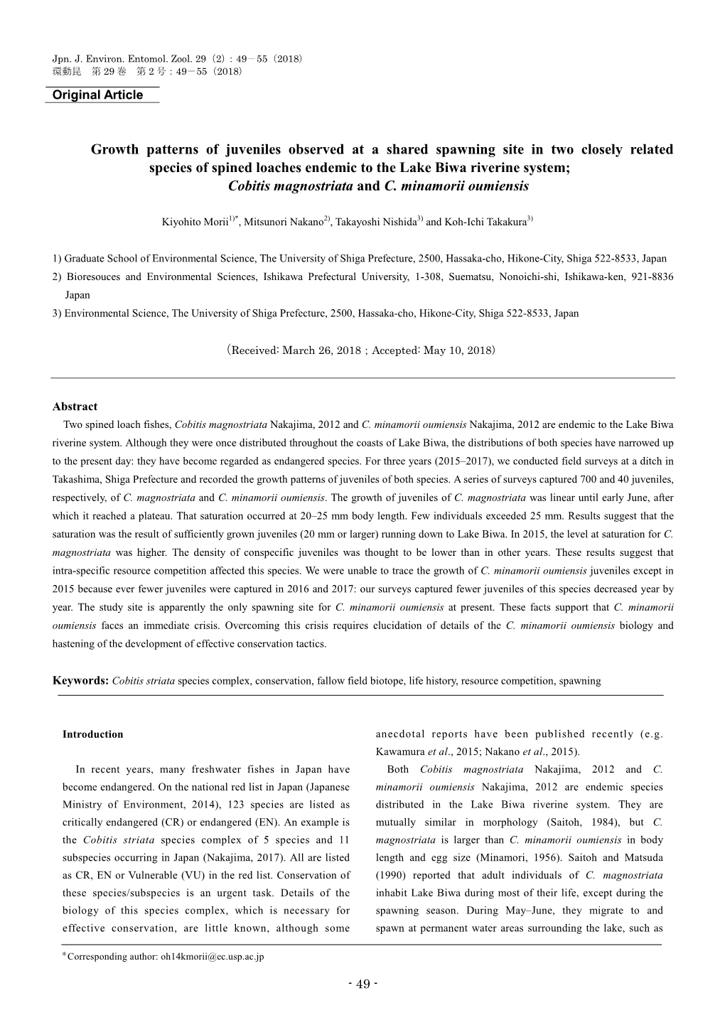 Growth Patterns of Juveniles Observed at a Shared Spawning Site in Two Closely Related Species of Spined Loaches Endemic To