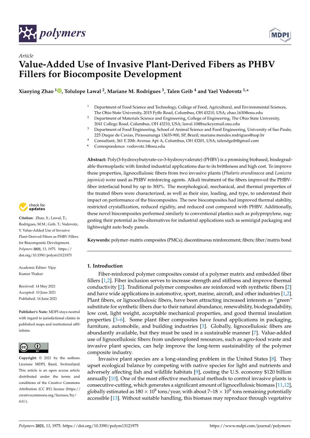 Value-Added Use of Invasive Plant-Derived Fibers As PHBV Fillers for Biocomposite Development