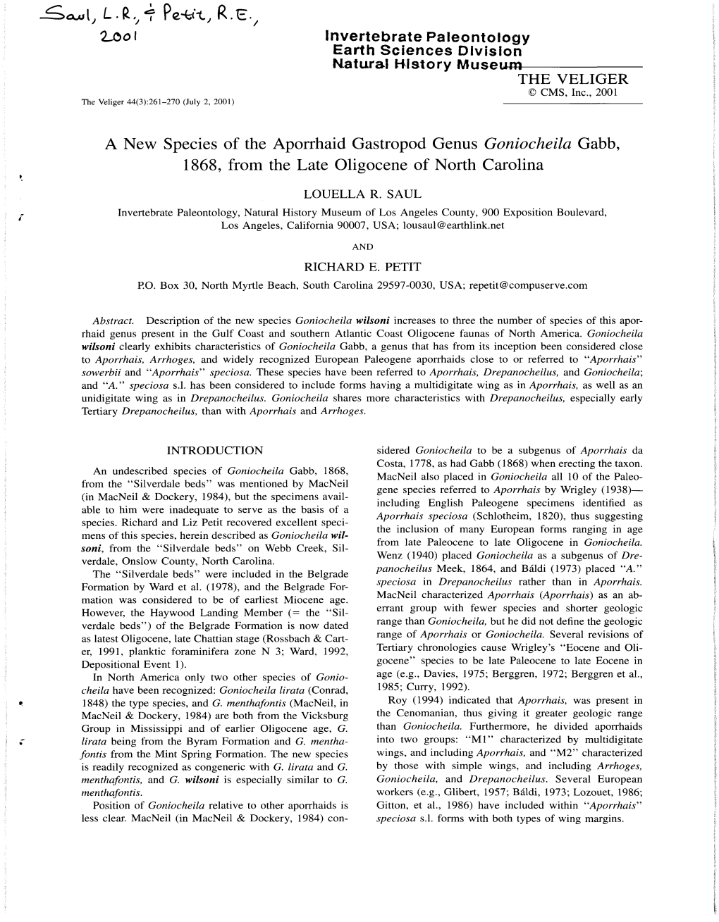 A New Species of the Aporrhaid Gastropod Genus Goniocheila Gabb, 1868, from the Late Oligocene of North Carolina