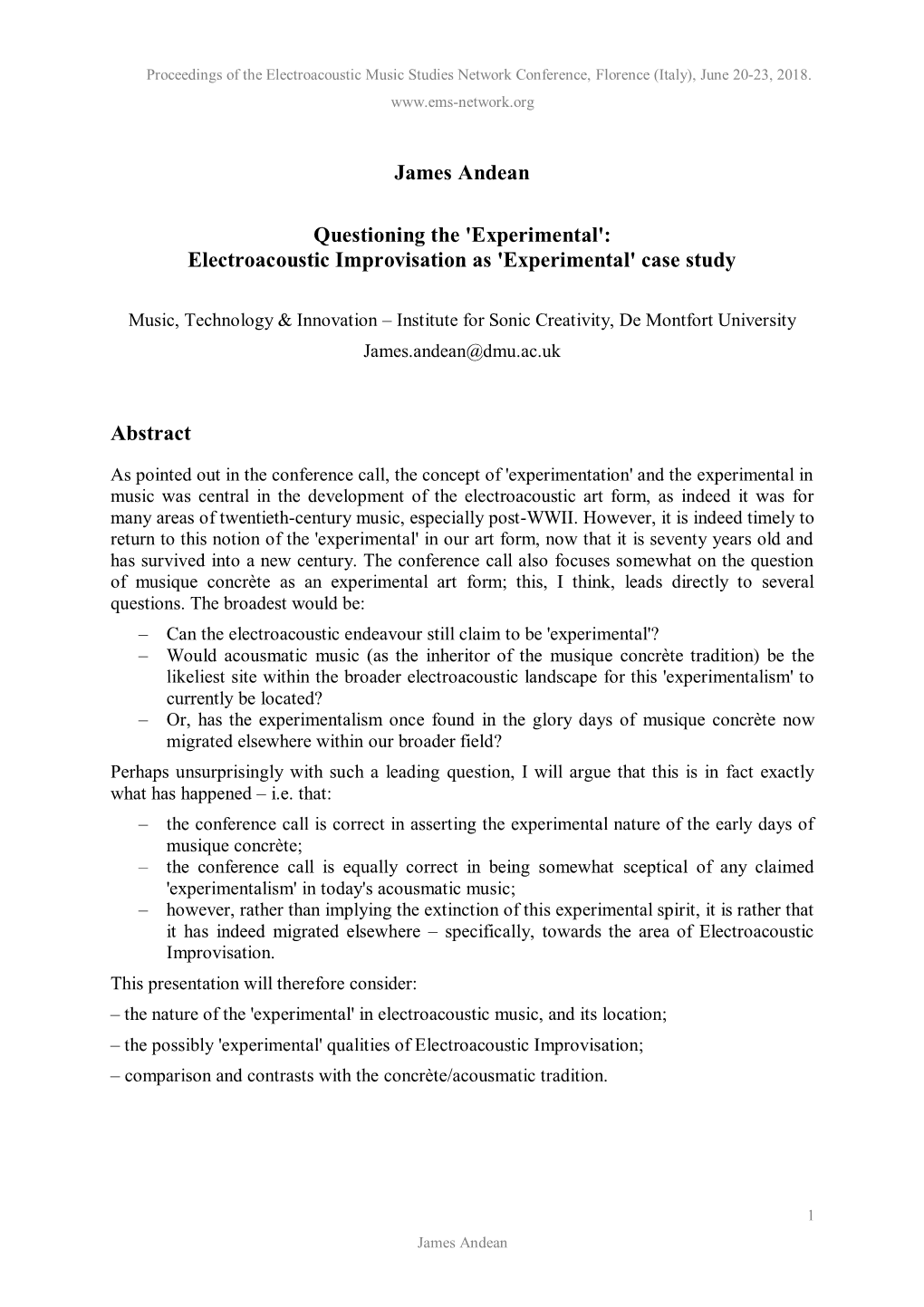 Electroacoustic Improvisation As 'Experimental' Case Study Abstract