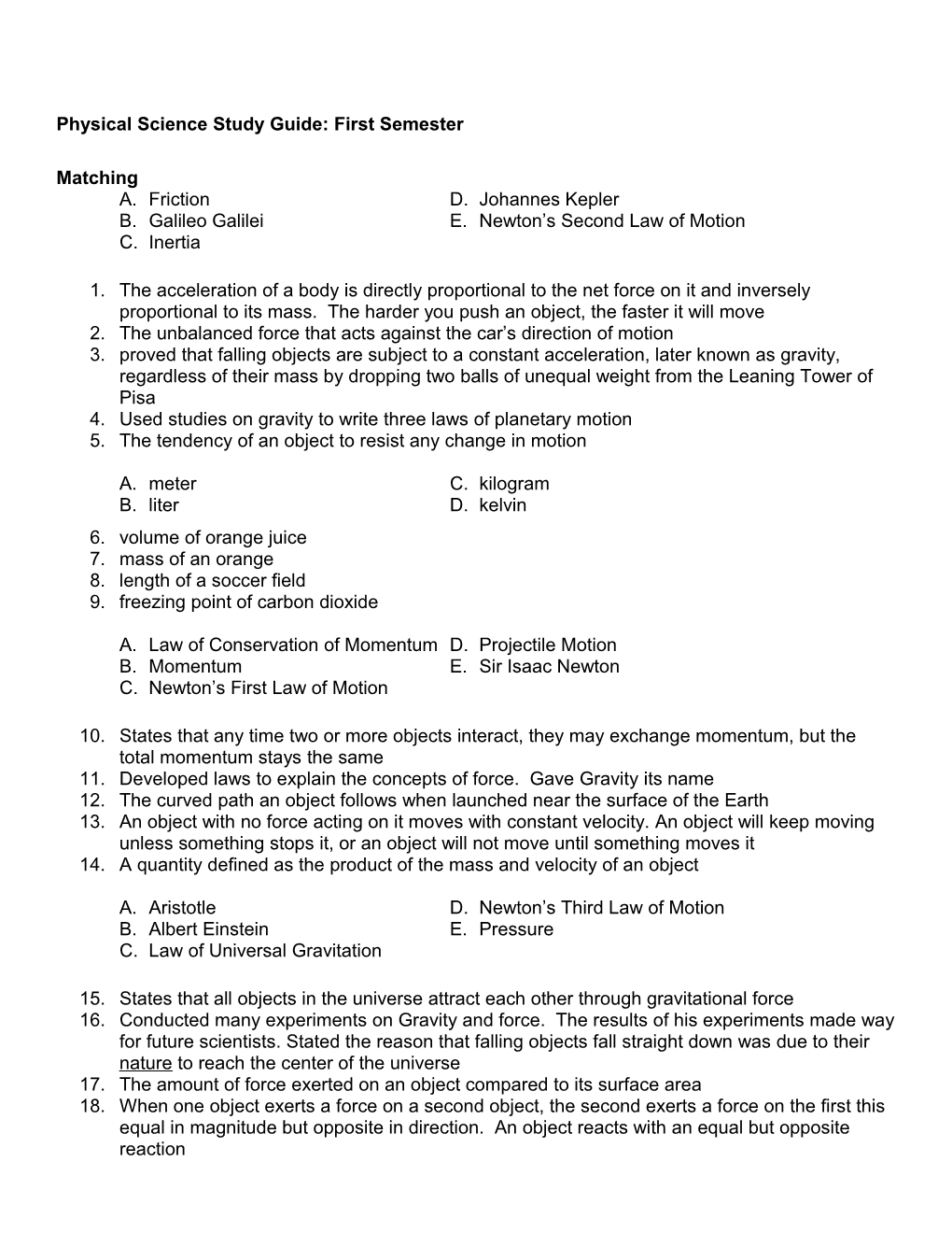 Physical Science Study Guide: First Semester